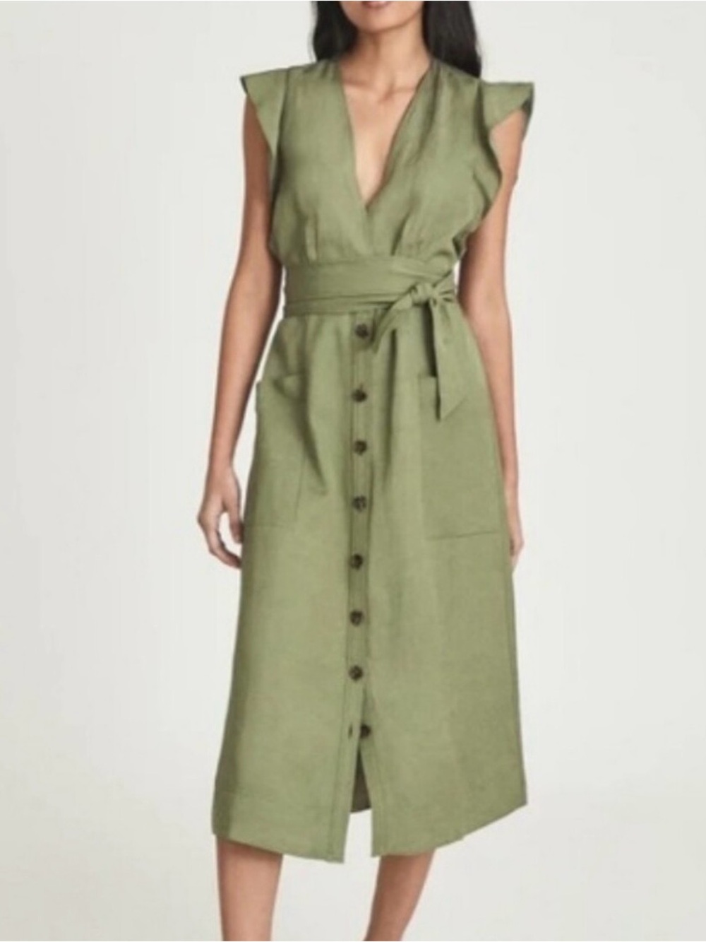 Reiss Olive-Green Button Front Midi Dress - No Belt